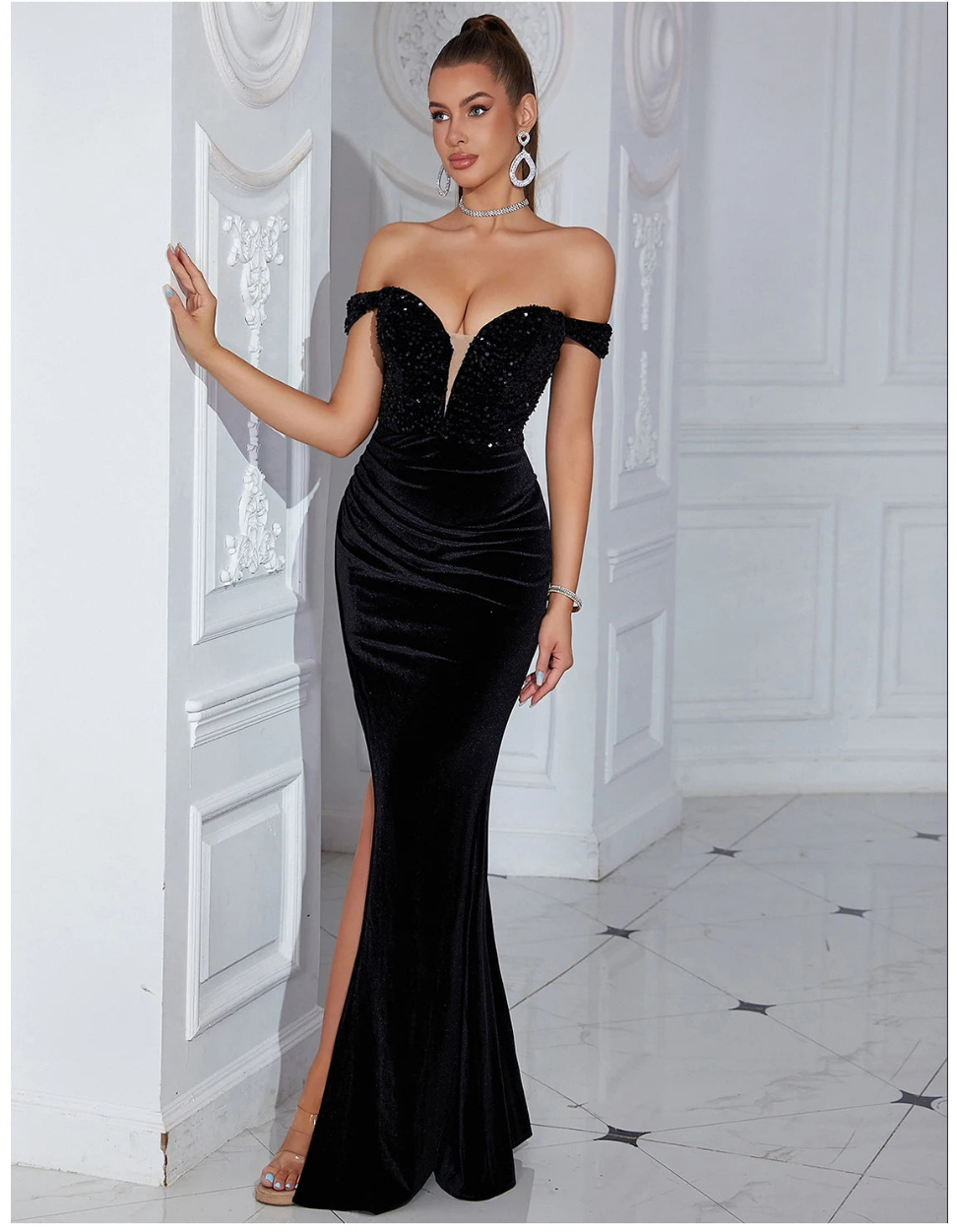 SKYLIGHT Elegant Off-Shoulder V Neck Split Sequin Evening Dress