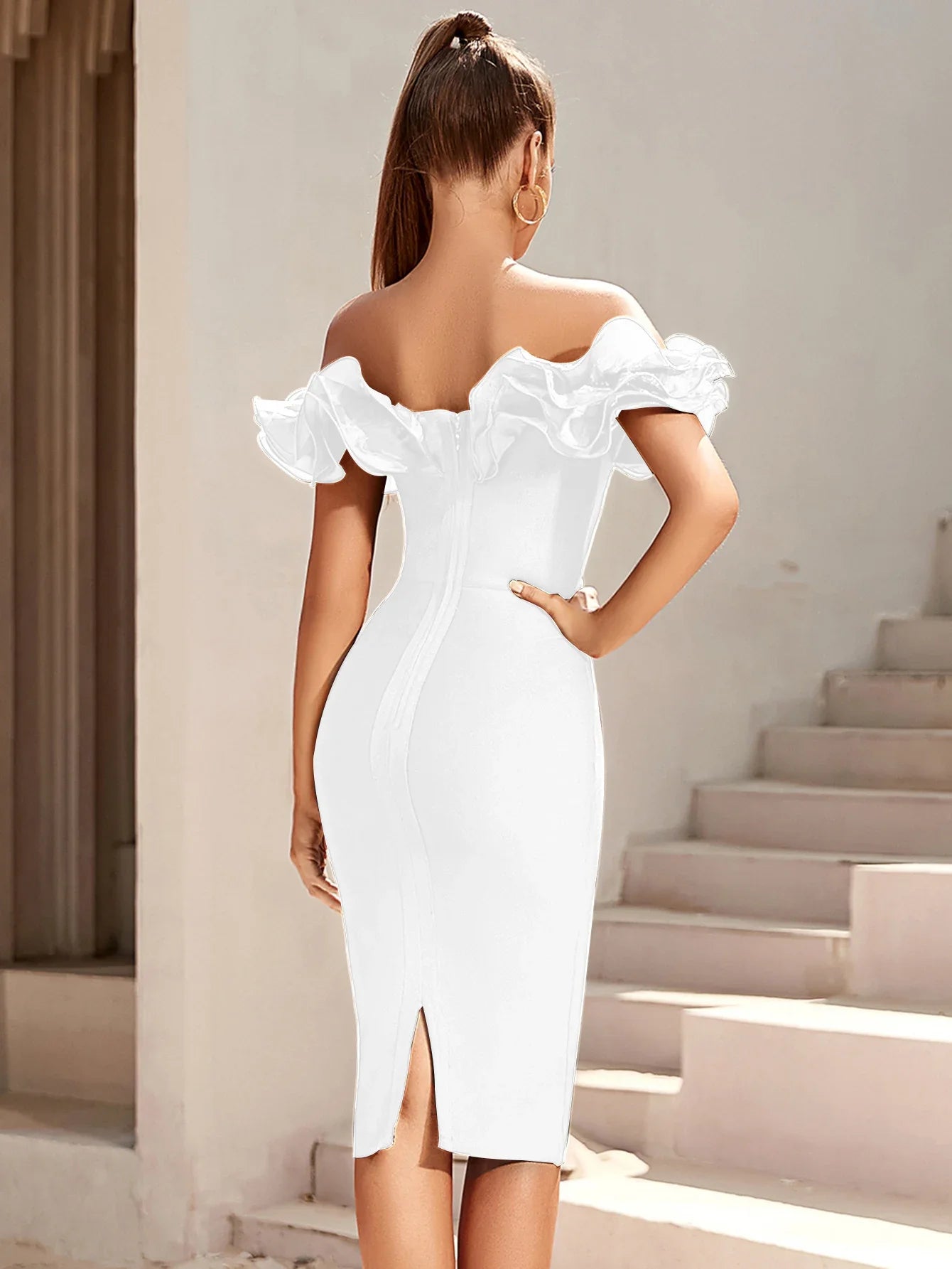 DALIA Elegant Off Shoulder Ruffles Knee Length Dress