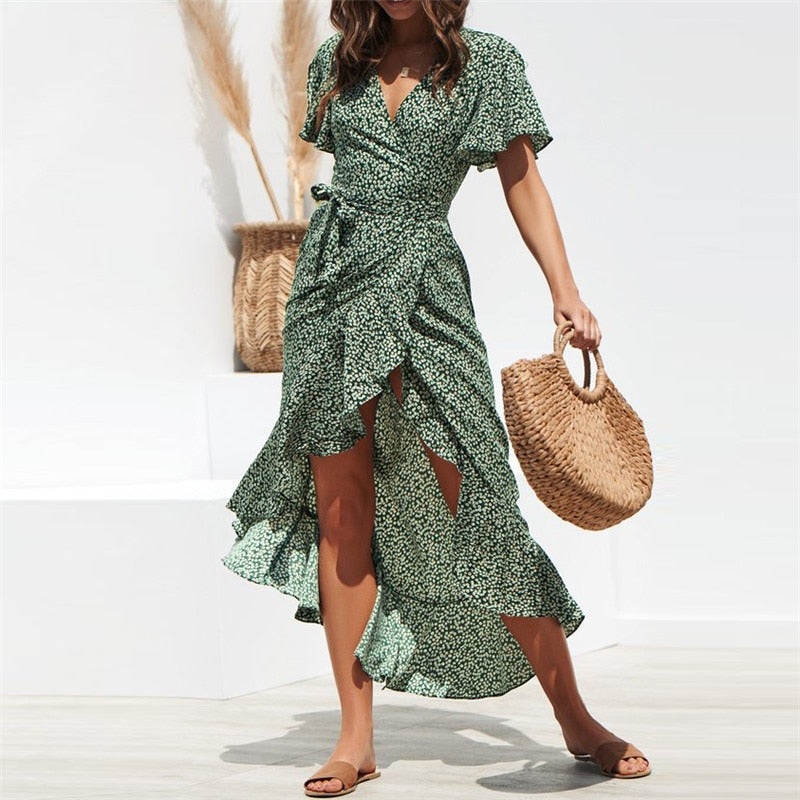 NIMA Long Chiffon Ruffled Wrap Maxi Dress