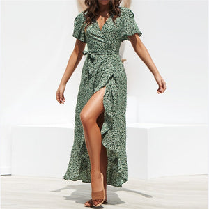 NIMA Long Chiffon Ruffled Wrap Maxi Dress