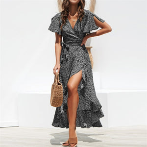 NIMA Long Chiffon Ruffled Wrap Maxi Dress