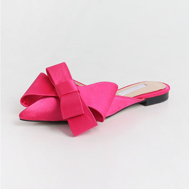 JULIA Satin Pointed Toe Bow Flat Slippers