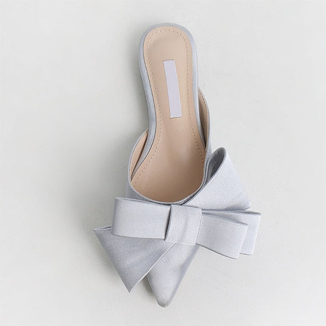 JULIA Satin Pointed Toe Bow Flat Slippers