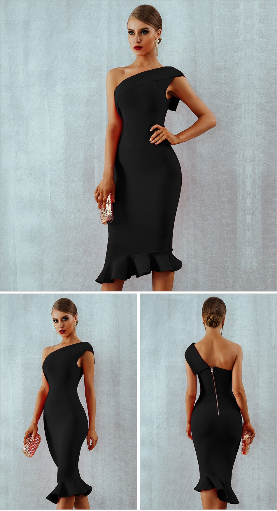 VICKY Fitted One-Shoulder Ruffles Dress